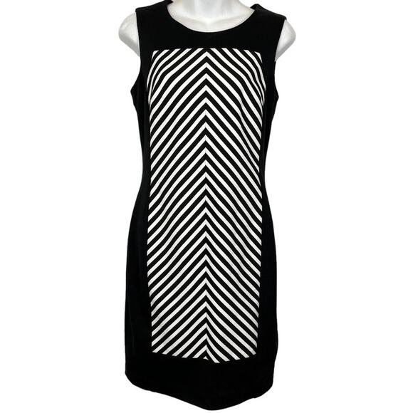 CALVIN KLEIN Black White Striped Herringbone Sleeveless Stretch Knit Dress sz 4 - Picture 1 of 15